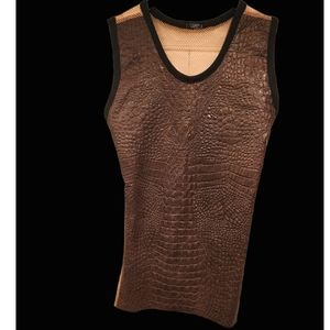 Emboised leather brown sleeves mesh back.Mens costom made.
